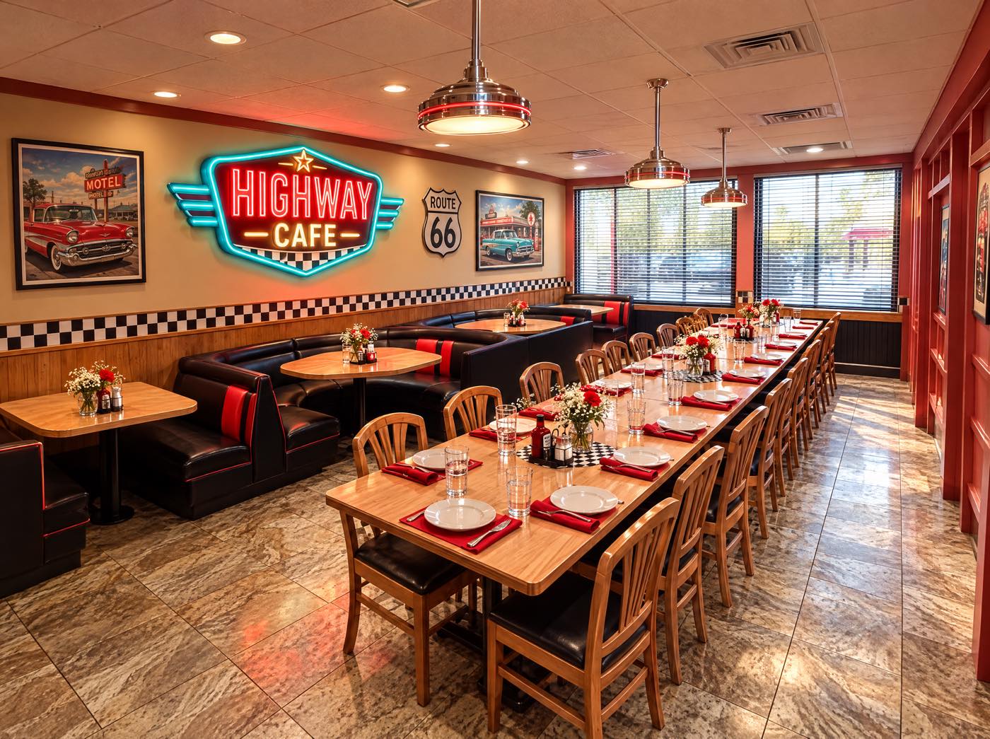 Private room set for a party with a glowing Highway Cafe neon sign, long banquet tables and booths